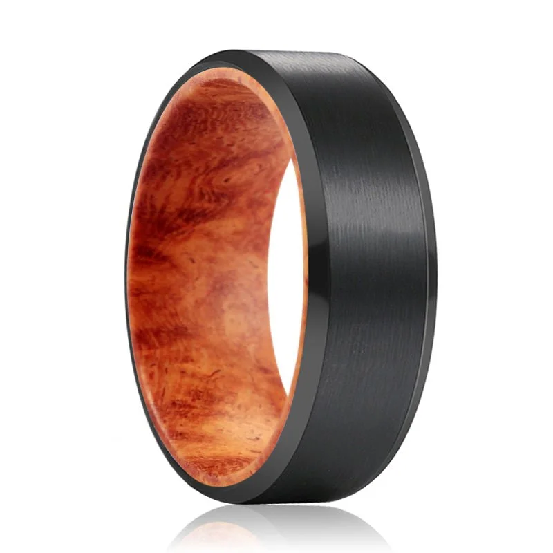 Women’s friendship ring-BANDIT | Red Burl Wood, Black Tungsten Ring, Brushed, Beveled