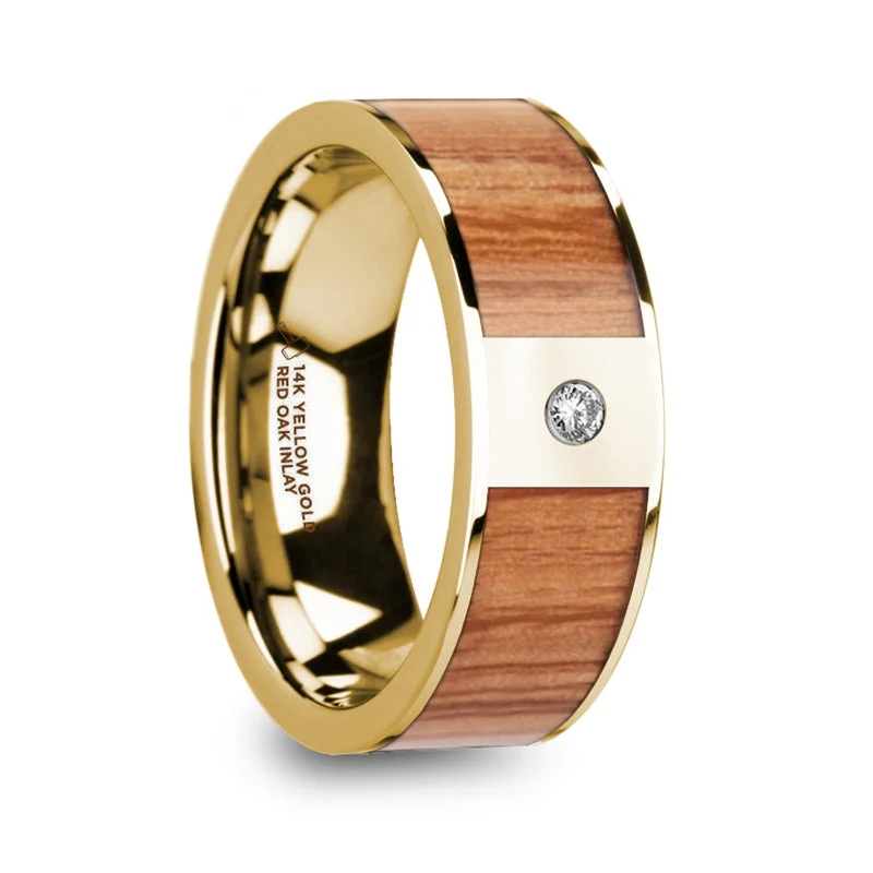 Women’s engagement rings with ruby-14k Yellow Gold Men's Wedding Band with Red Oak Wood Inlay & Diamond