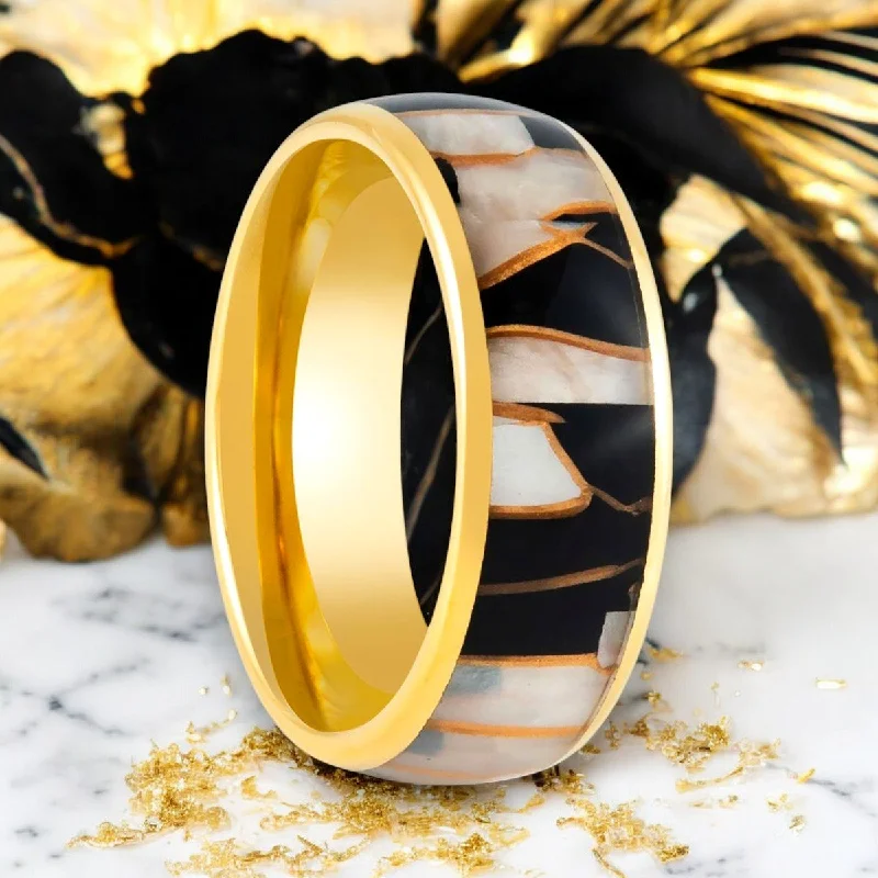 Women’s bold gemstone ring-SHAVOGOLD | Gold Tungsten Ring, Black Resin & Gold Shavings Inlay, Domed