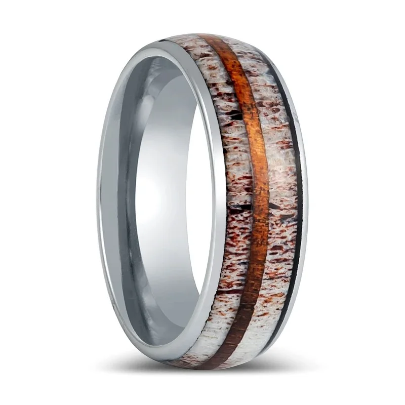 Women’s wide band ring-BARRELSTAG | Silver Tungsten Ring, Whiskey Barrel, Deer Antler Inlay