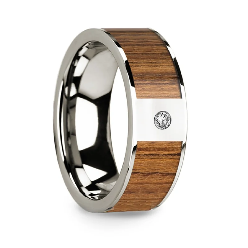 Women’s platinum diamond engagement rings-14k White Gold Men's Wedding Band with Teak Wood Inlay & Diamond