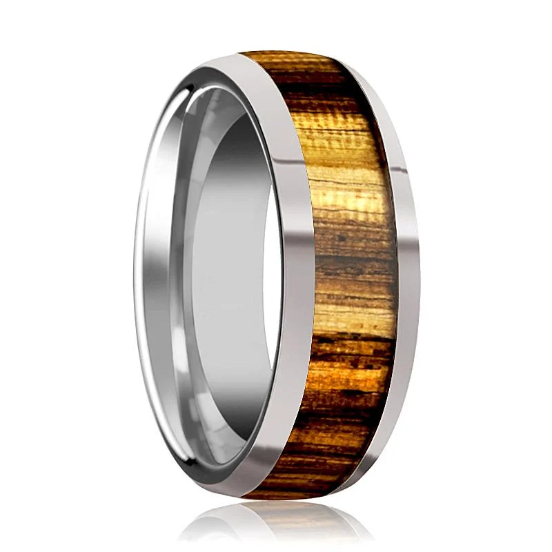 Women’s platinum engagement ring-TIGRE | Silver Tungsten Ring, Zebra Wood Inlay, Beveled