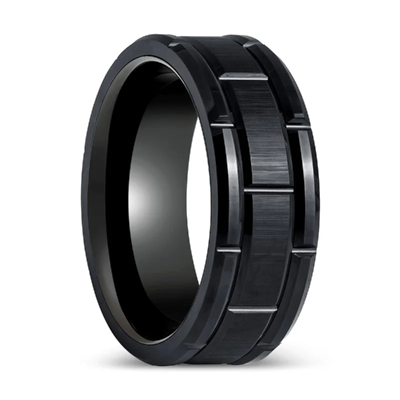 Women’s geometric ring-BRICKADE | Black Tungsten Ring with Brick Pattern Design