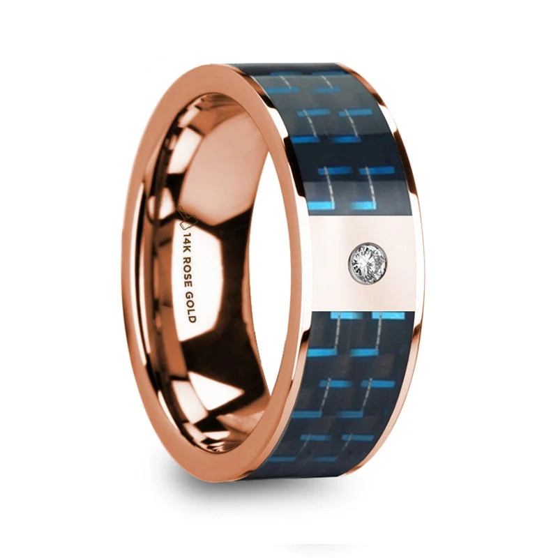 Women’s emerald gemstone engagement rings-14k Rose Gold Diamond Men's Wedding Band with Blue & Black Carbon Fiber Inlay