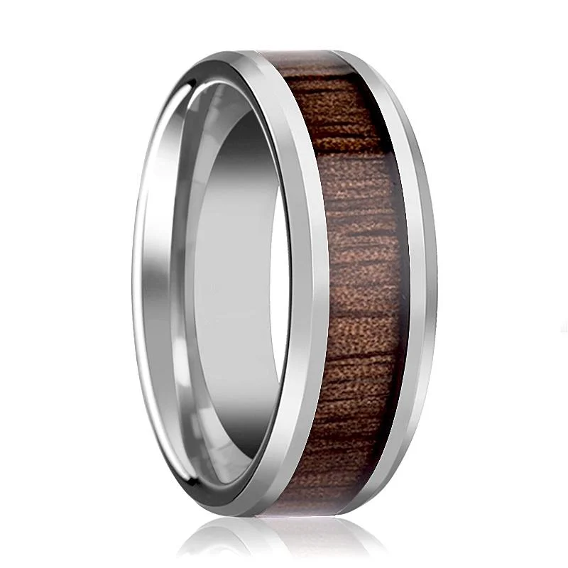 Women’s oval ring-HALIFAX | Silver Tungsten Ring, Red Wood Inlay, Beveled