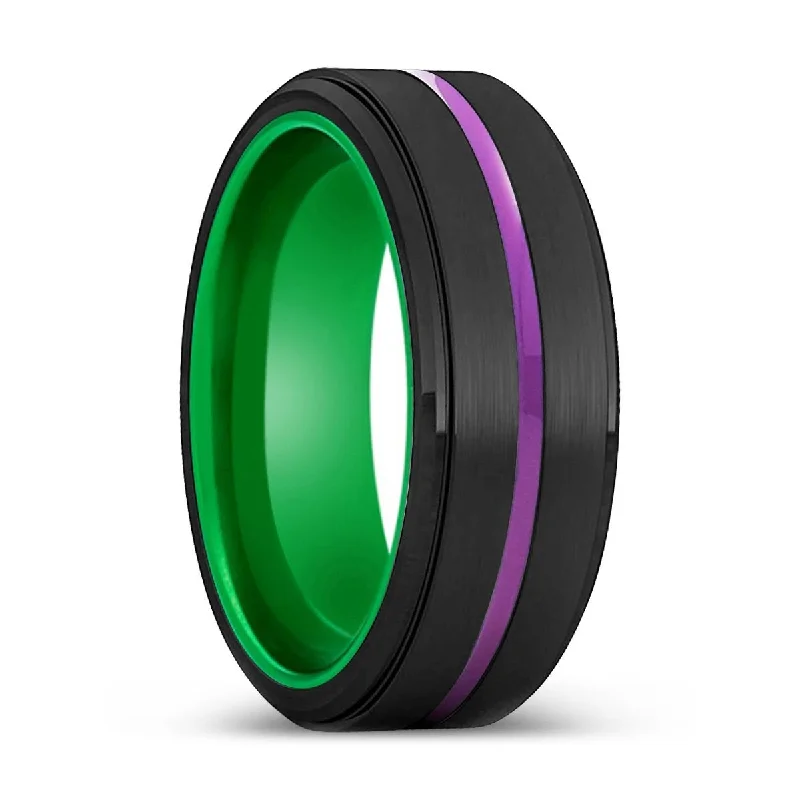 Women’s two-tone ring-GEELONG | Green Ring, Black Tungsten Ring, Purple Groove, Stepped Edge