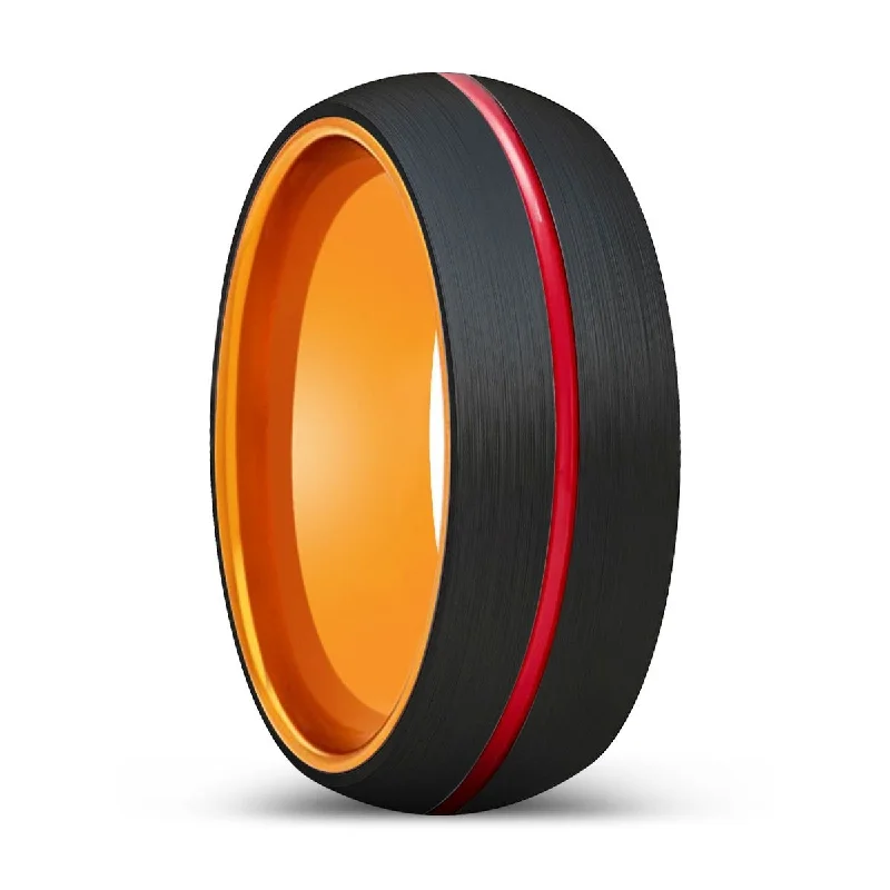 Women’s channel set ring-BALTAZAR | Orange Ring, Black Tungsten Ring, Red Groove, Domed