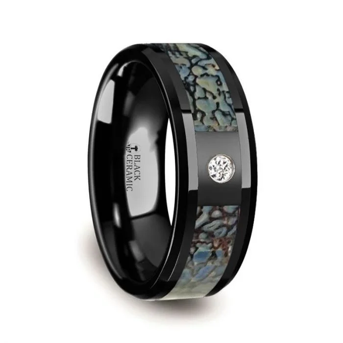 Women’s engagement rings with diamond accents-Black Ceramic Men's Wedding Band with Blue Dinosaur Bone Inlay & Diamond