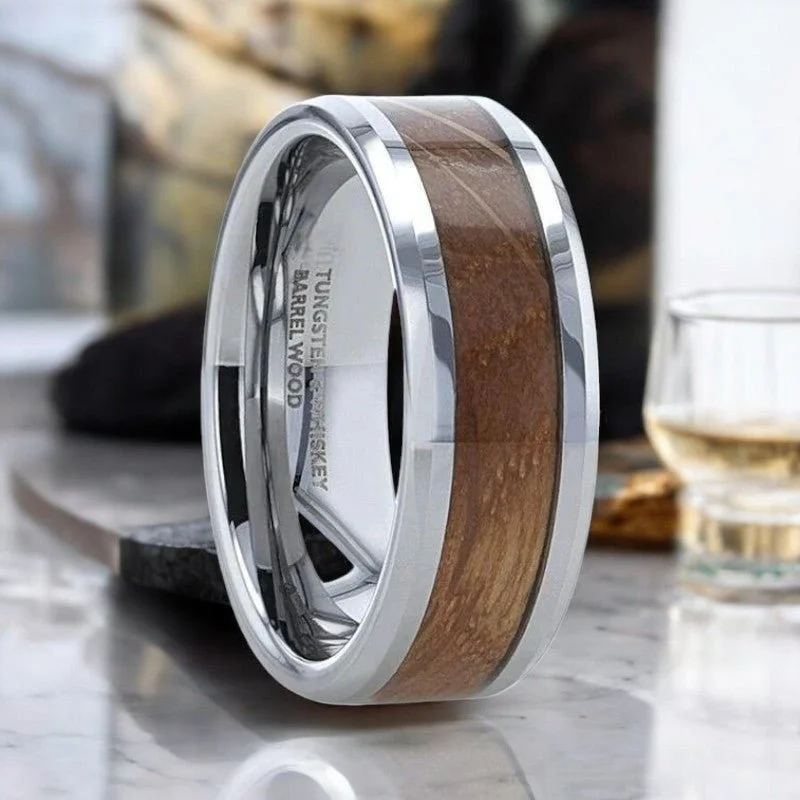 Women’s chunky gold ring-DISTILLED | Silver Tungsten Ring, Whiskey Barrel Inlay, Beveled