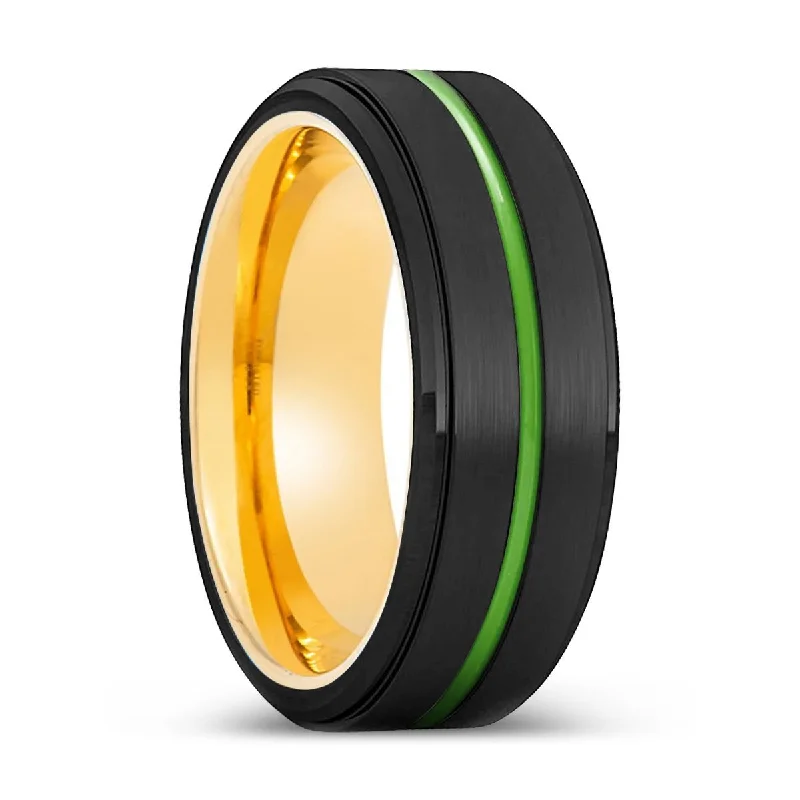 Women’s floral design ring-PATERSON | Gold Ring, Black Tungsten Ring, Green Groove, Stepped Edge