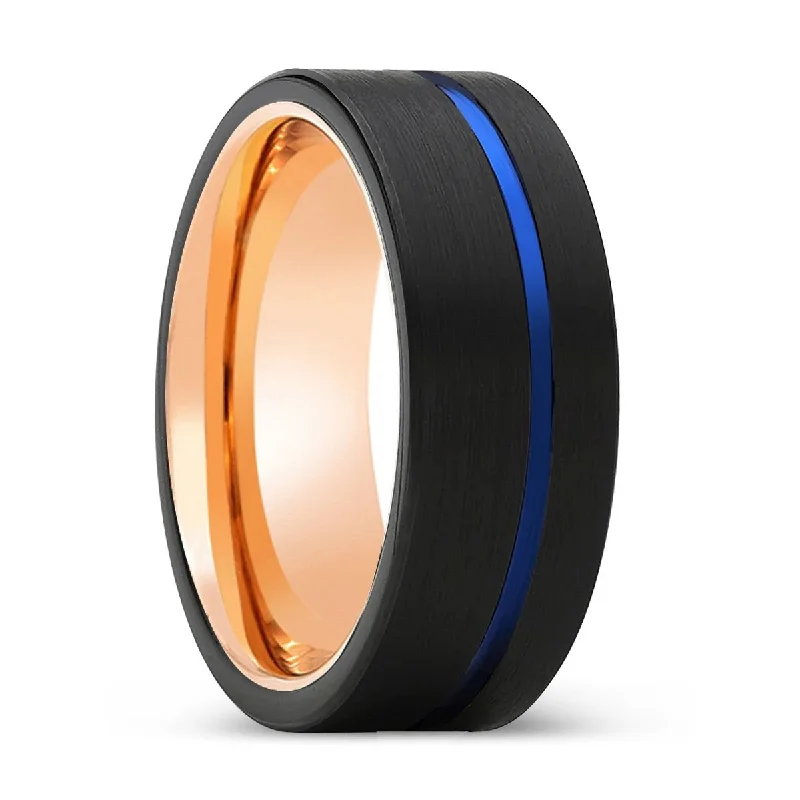 Women’s bridal ring-BURNOUT | Rose Gold Ring, Black Tungsten Ring, Blue Offset Groove, Flat