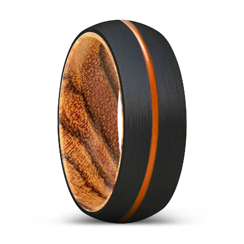 Women’s minimalist diamond ring-BOTANIC | Bocote Wood, Black Tungsten Ring, Orange Groove, Domed