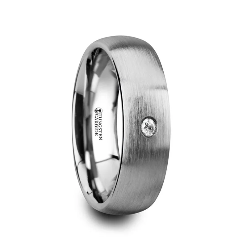 Women’s oval engagement rings-Domed Brushed Tungsten Men's Wedding Band with Diamond