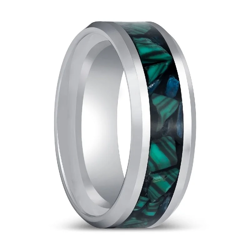 Women’s square-shaped ring-WYNCOTE | Silver Tungsten Ring Malachite Chips Inlay