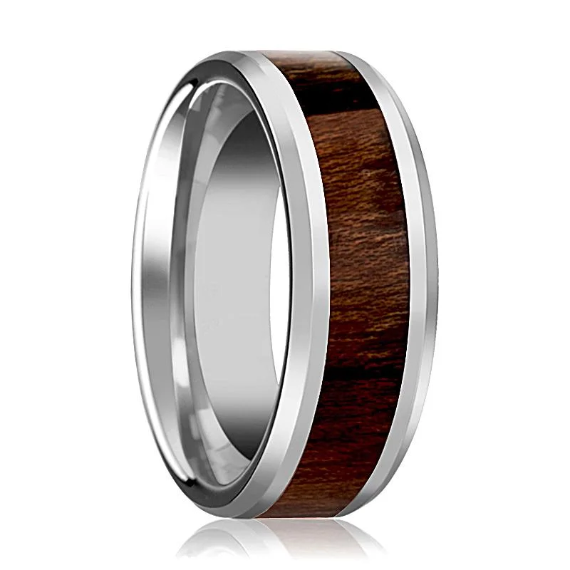 Women’s luxurious diamond ring-DACIAN | Silver Tungsten Ring, Carpathian Wood Inlay, Beveled