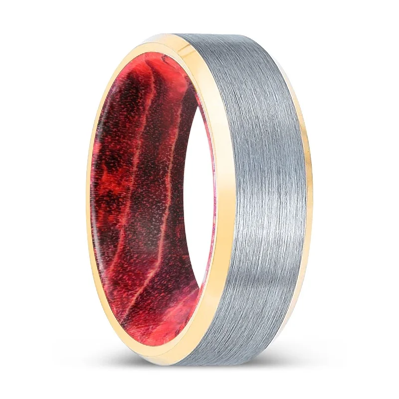 Women’s opal ring-MANDO | Black & Red Wood, Brushed, Silver Tungsten Ring, Gold Beveled Edges