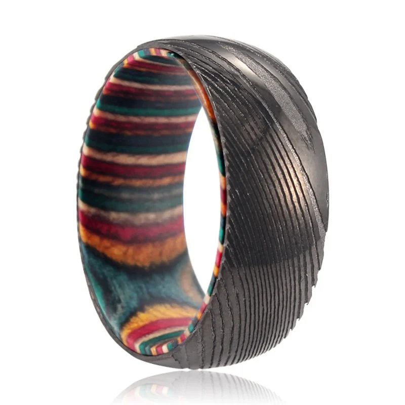 Women’s luxurious diamond ring-VERA | Multi Color Wood, Gunmetal Damascus Steel Ring, Domed