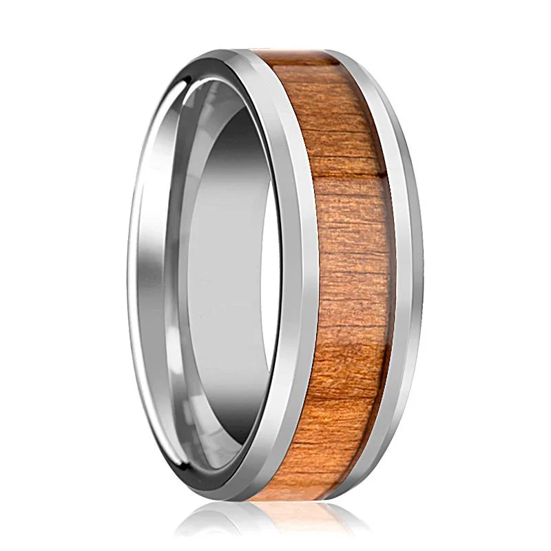 Women’s ring with diamonds-BRUNSWICK | Silver Tungsten Ring, American Cherry Wood Inlay, Beveled