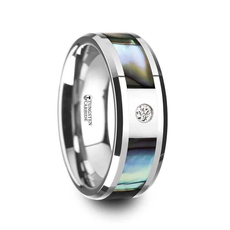 Women’s engagement rings with custom designs-Mother of Pearl Inlay Tungsten Men's Wedding Band with Diamond