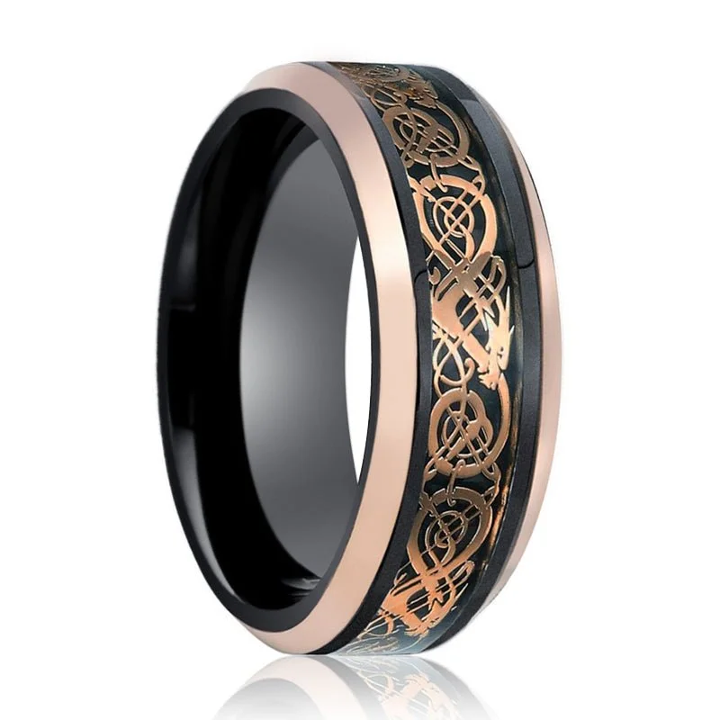 Women’s polished ring-PROTO | Black Tungsten Ring, Rose Gold Celtic Cut-Out Design, Rose Gold Beveled