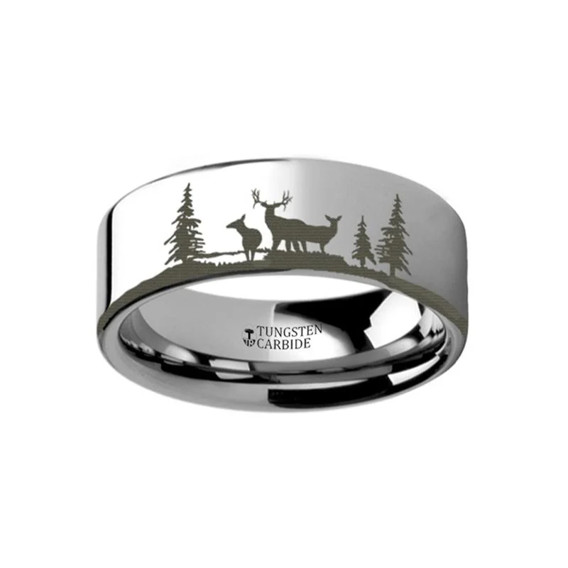 Women’s stackable rings-Laser Engraved Deer Stag Mountain Range Flat Tungsten Couple Matching Ring - 4MM - 12MM