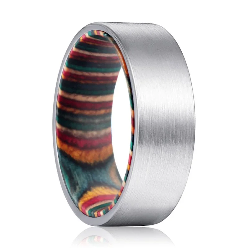 Women’s vintage diamond ring-PRISM | Multi Color Wood, Silver Tungsten Ring, Brushed, Flat