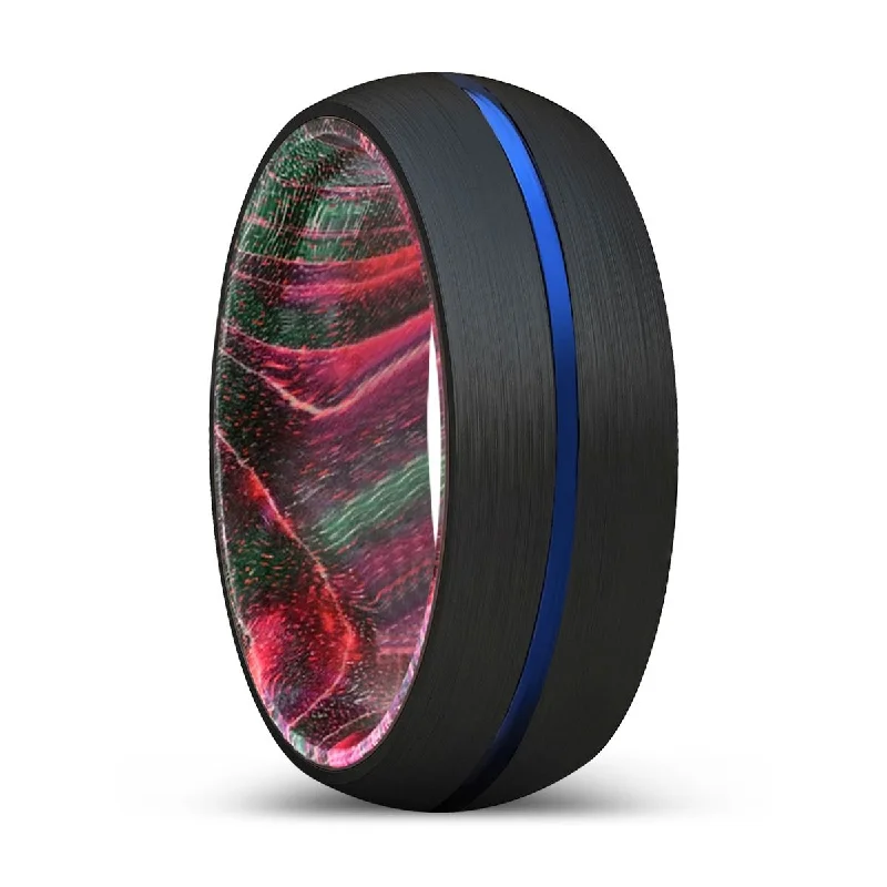 Women’s ring with diamonds-WALLACE | Green & Red Wood, Black Tungsten Ring, Blue Groove, Domed