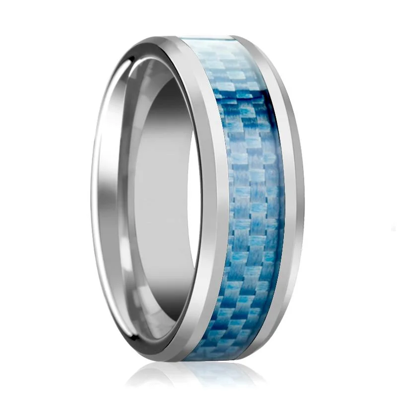 Women’s adjustable band ring-AUGUSTUS | Silver Tungsten Ring, Light Blue Carbon Fiber Inlay, Beveled