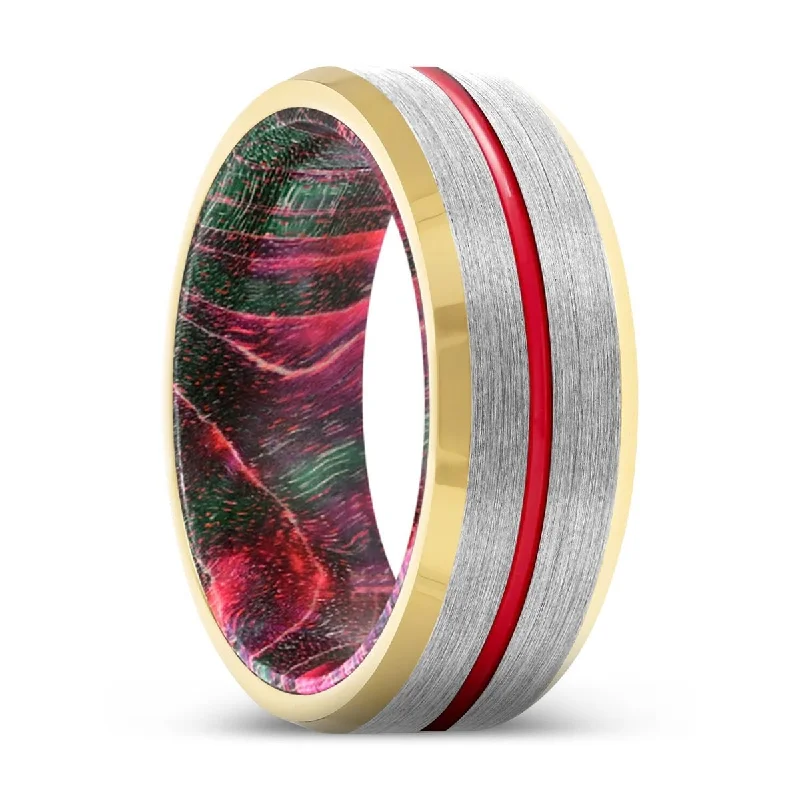 Women’s radiant-cut ring-RAZE | Green and Red Wood, Silver Tungsten Ring, Red Groove, Gold Beveled Edge