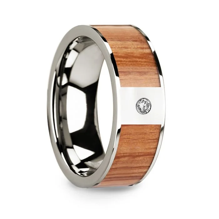 Women’s antique style engagement rings-14k White Gold Men's Wedding Band with Red Oak Wood Inlay & Diamond