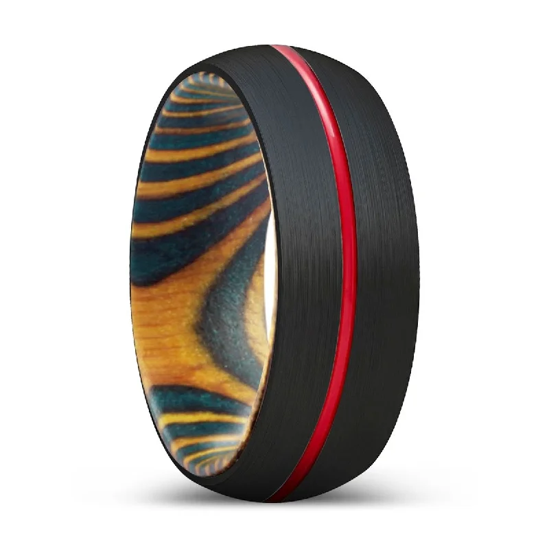 Women’s two-band ring-APACHE | Green & Yellow Wood, Black Tungsten Ring, Red Groove, Domed