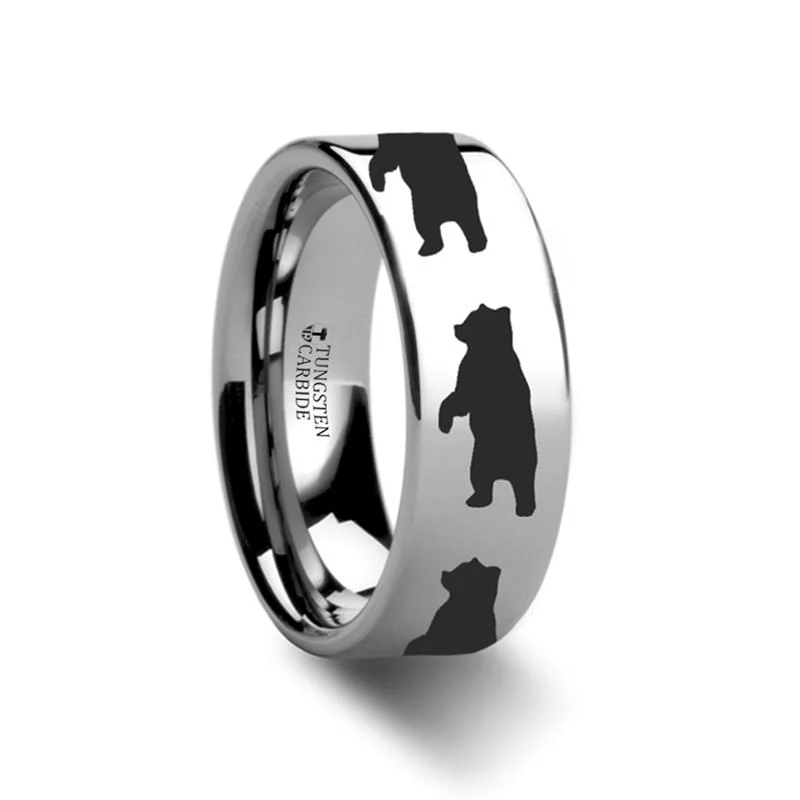 Women’s simple wedding ring-Standing Bear Print Animal Design Flat Tungsten Wedding Band for Men and Women - 4MM - 12MM