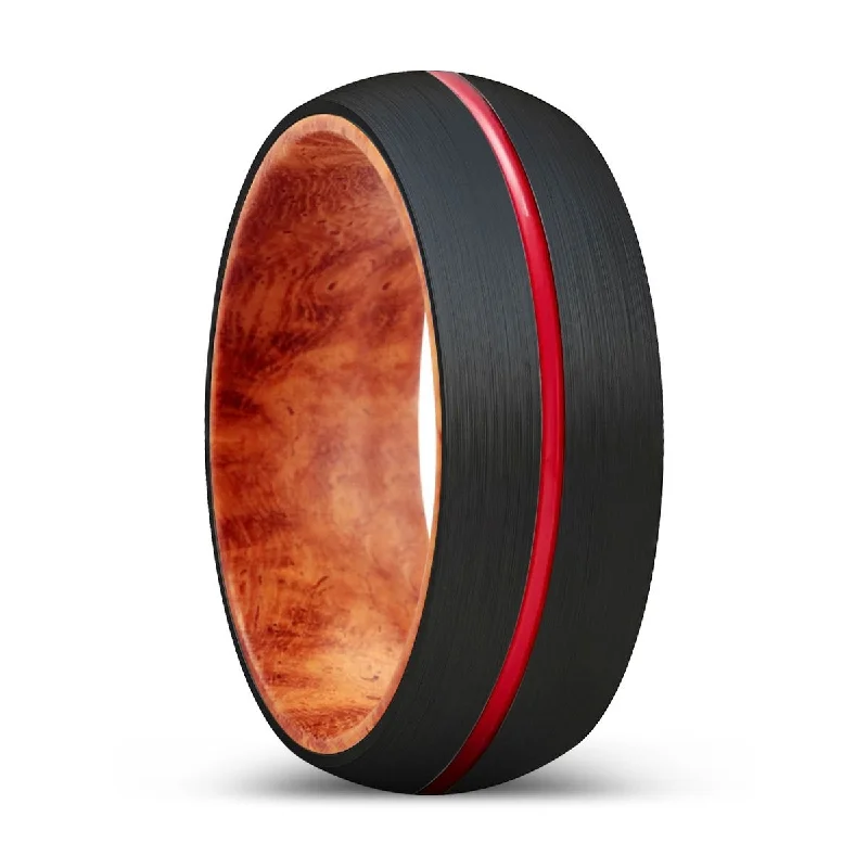 Women’s two-tone ring-LEOPARD | Red Burl Wood, Black Tungsten Ring, Red Groove, Domed