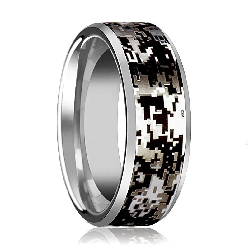 Women’s custom ring-Men's Tungsten Wedding Band with Digital Camouflage Inlay and Beveled Edges - 8MM