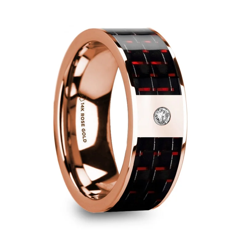 Women’s engagement rings with a twist band-14k Rose Gold Men's Wedding Band with Red & Black Carbon Fiber Inlay and Diamond