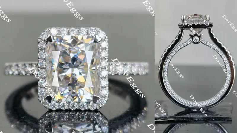 Women’s engagement rings with heart-shaped stones-Doveggs pave halo radiant moissanite engagement ring