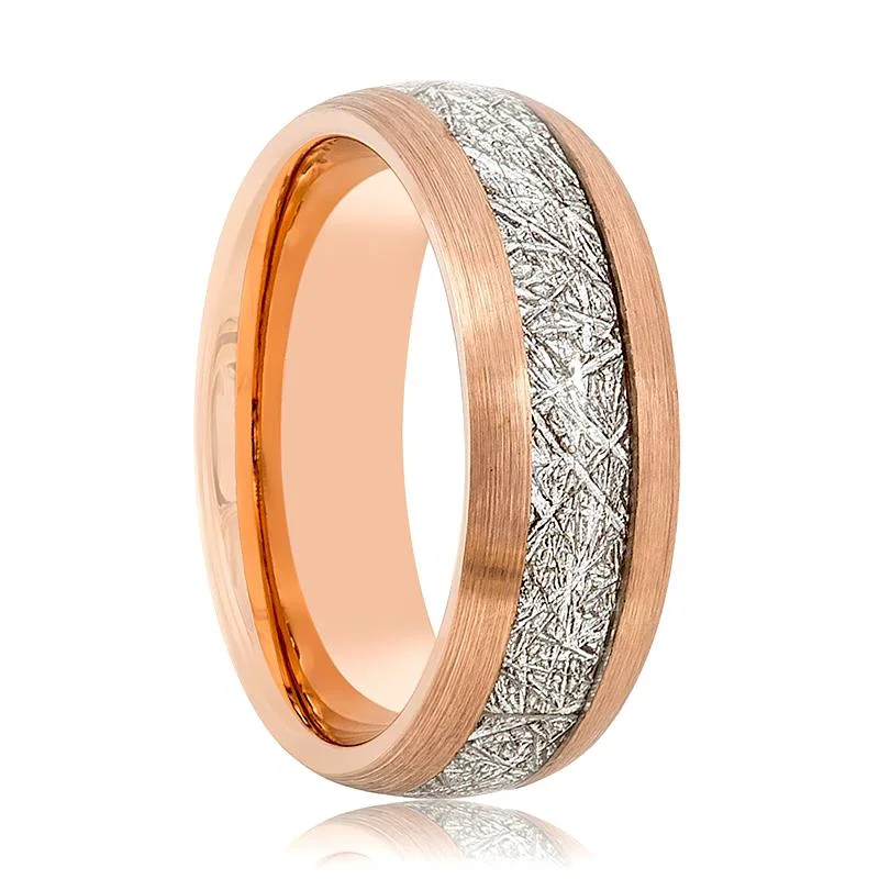 Women’s hand-crafted ring-CRUX | Rose Gold Tungsten Ring, Imitation Meteorite Inlay, Domed