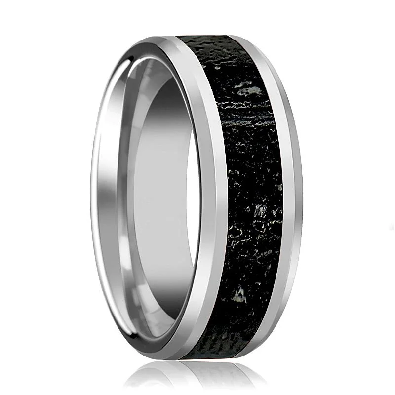 Women’s antique ring-KILAUEA | Tungsten Ring, Lava Rock Stone Inlay, Beveled