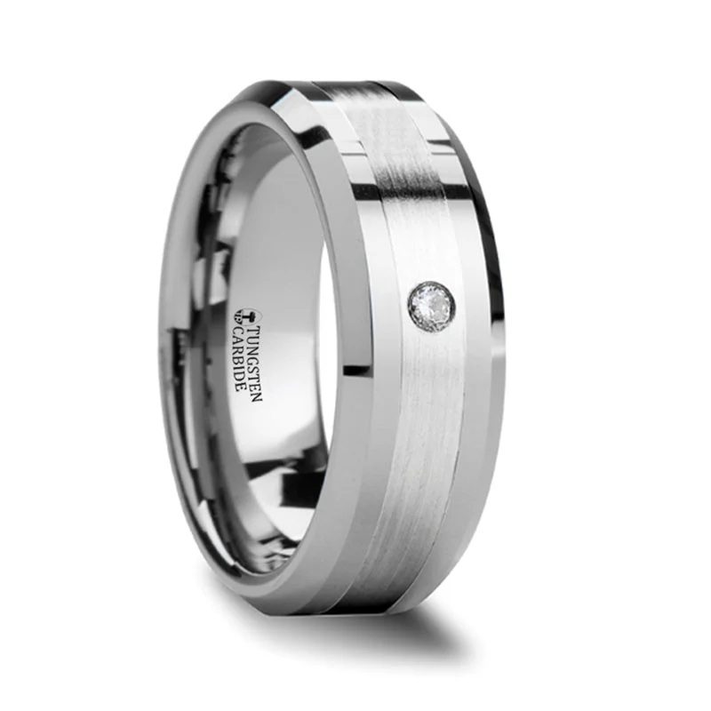 Women’s unique gemstone engagement rings-Tungsten Men's Wedding Band with Platinum Inlay & Diamond