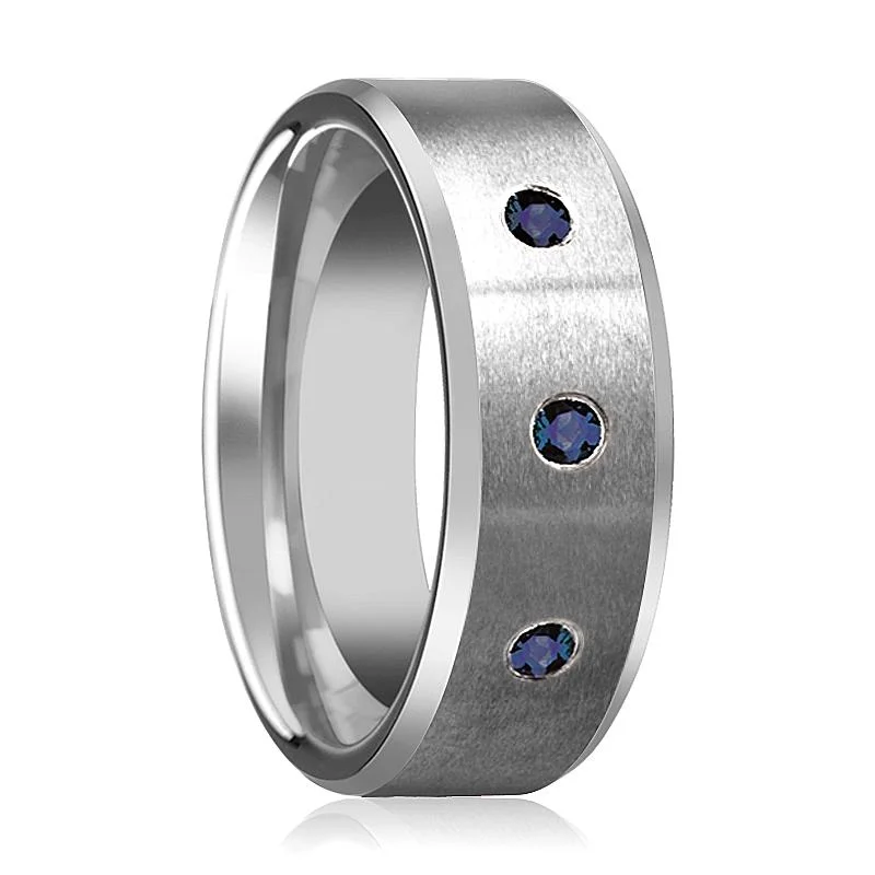 Women’s yellow gold ring-JOSIAH | Satin Tungsten Ring 3 Blue Sapphires