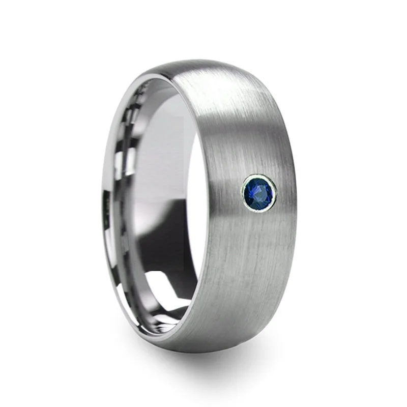 Women’s diamond halo engagement rings-Brushed Domed Tungsten Men's Wedding Band with Blue Diamond