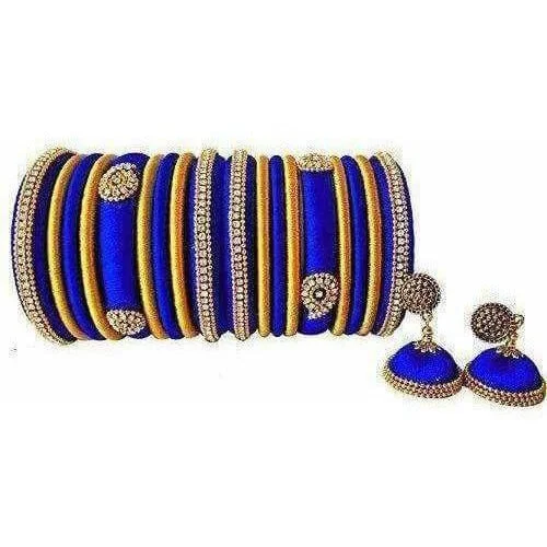 Women’s layered gold bracelet-Royal Blue Grand Wedding Silk Thread Bangle Set with Jhumka Ear rings