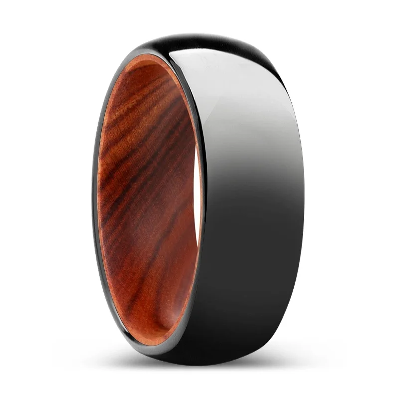 Women’s wedding ring-SEQUOIA | IRON Wood, Black Tungsten Ring, Shiny, Domed