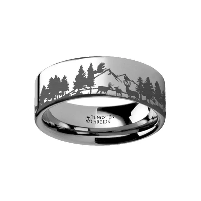 Women’s simple wedding ring-Animal Landscape Scene Reindeer Deer Stag Mountain Range Ring Engraved Flat Tungsten Ring - 4mm - 12mm