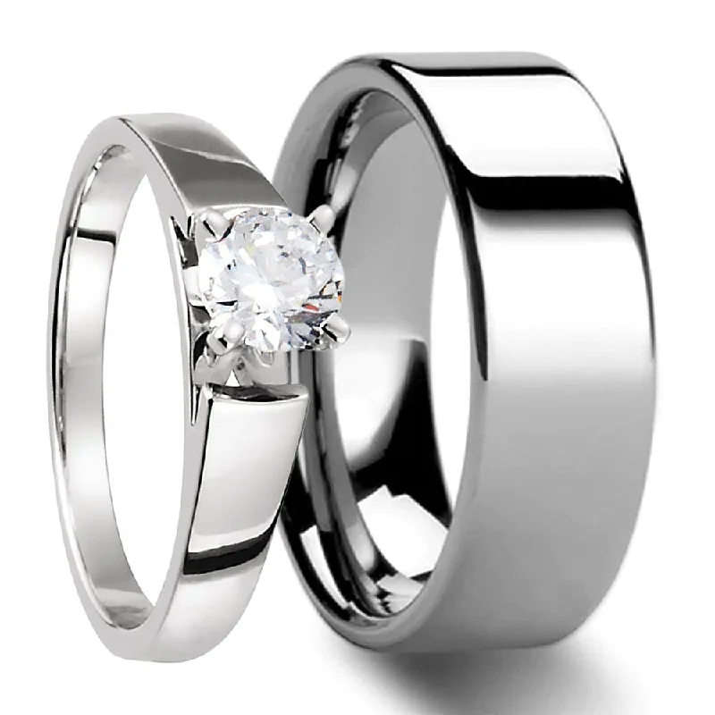 Women’s princess cut solitaire engagement rings-Couple's Engagement Ring & Wedding Band Set