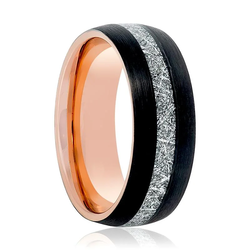 Women’s luxury diamond ring-COMET | Rose Gold Tungsten Ring, Imitation Meteorite Inlay, Domed