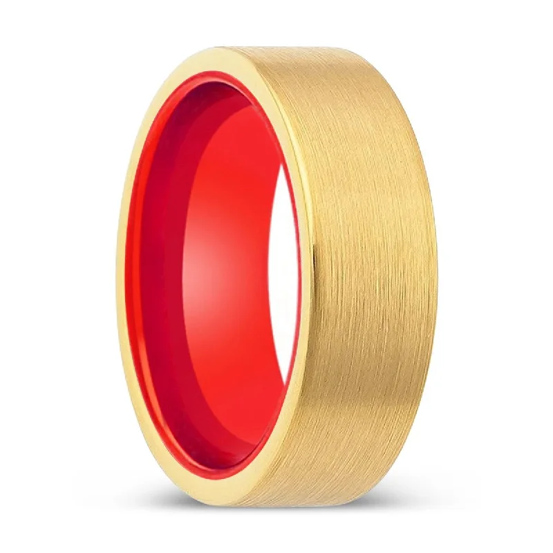 Women’s cubic zirconia ring-AXMINSTER | Red Ring, Gold Tungsten Ring, Brushed, Flat