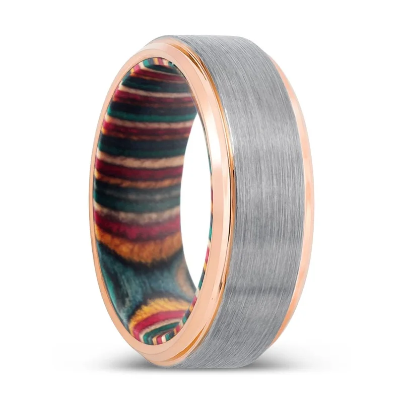 Women’s wide band ring-AMIDA | Multi Color Box Wood, Silver Tungsten Ring, Brushed, Rose Gold Stepped Edge