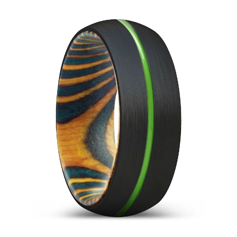 Women’s two-tone ring-PELICAN | Green & Yellow Wood, Black Tungsten Ring, Green Groove, Domed