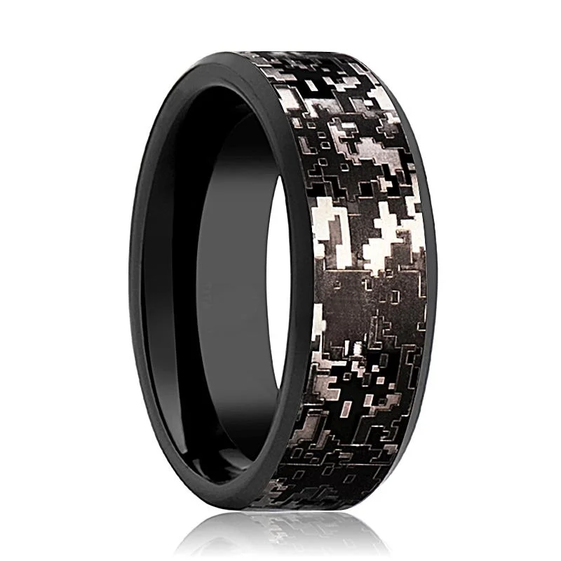 Women’s polished ring-Men's Black Tungsten Wedding Band with Black Digital Camouflage Inlay and Bevels - 8MM